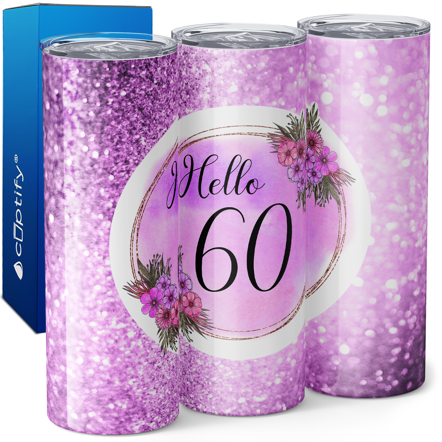 Hello 60 on Fuchsia Glitter 20oz Skinny Tumbler