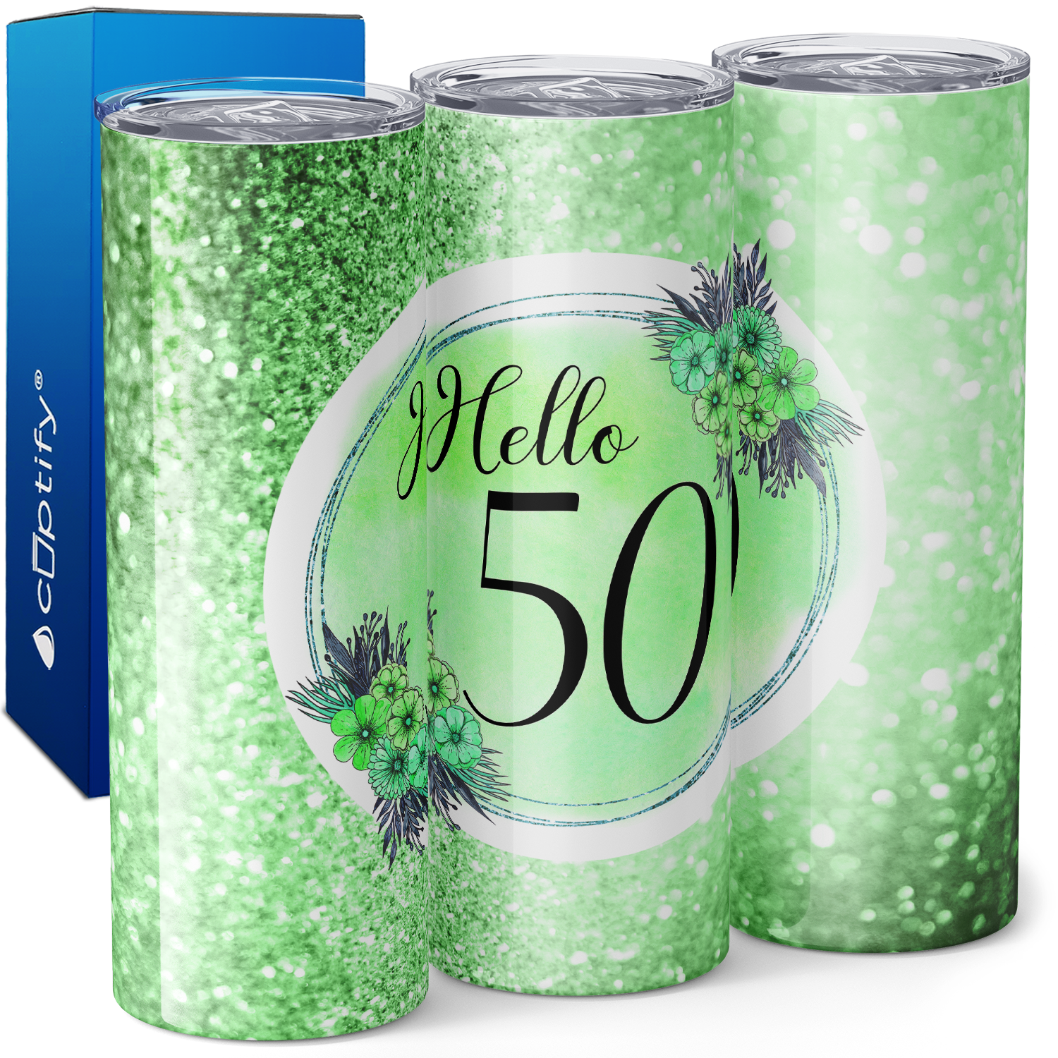 Hello 50 on Lime Glitter 20oz Skinny Tumbler