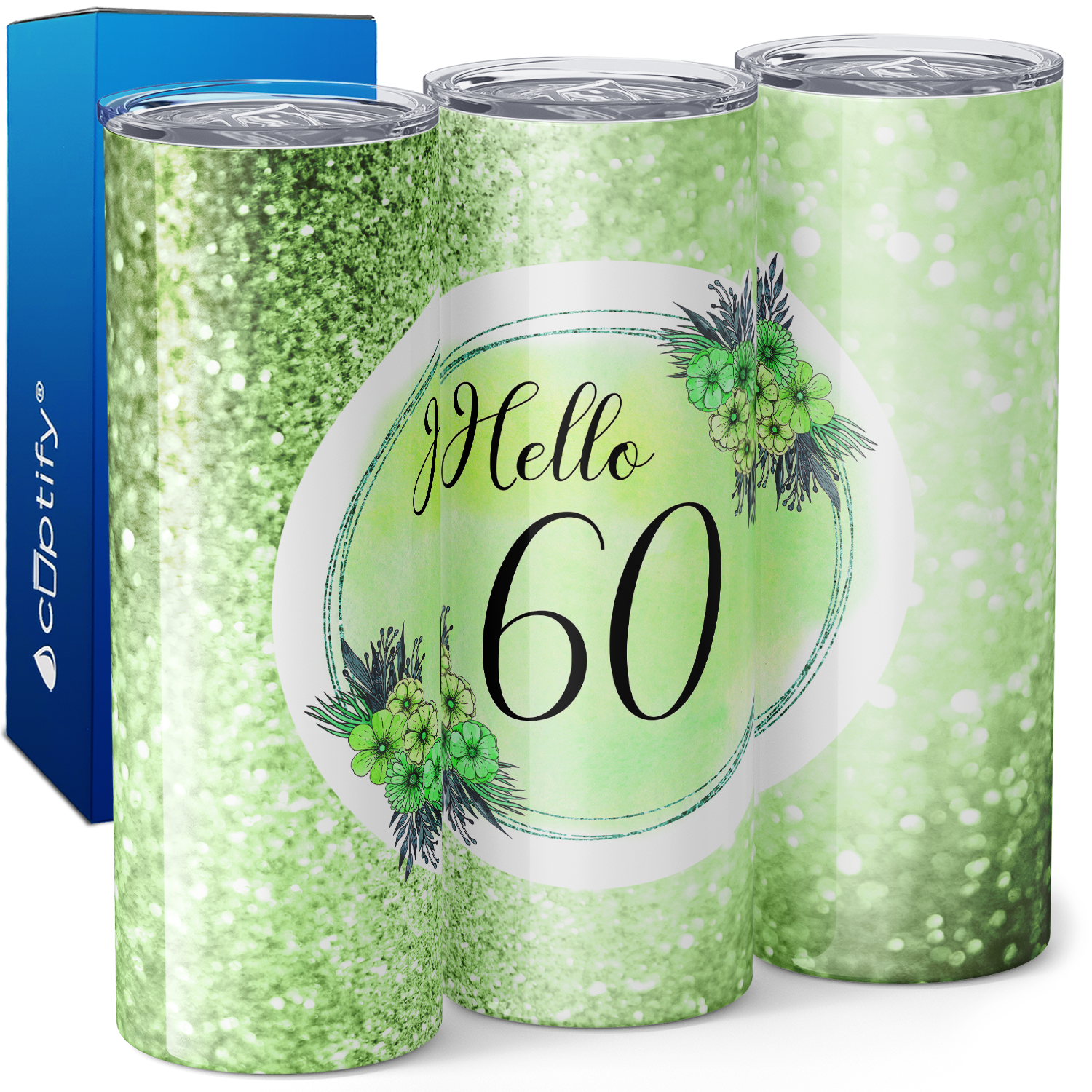 Hello 60 on Lime Glitter 20oz Skinny Tumbler