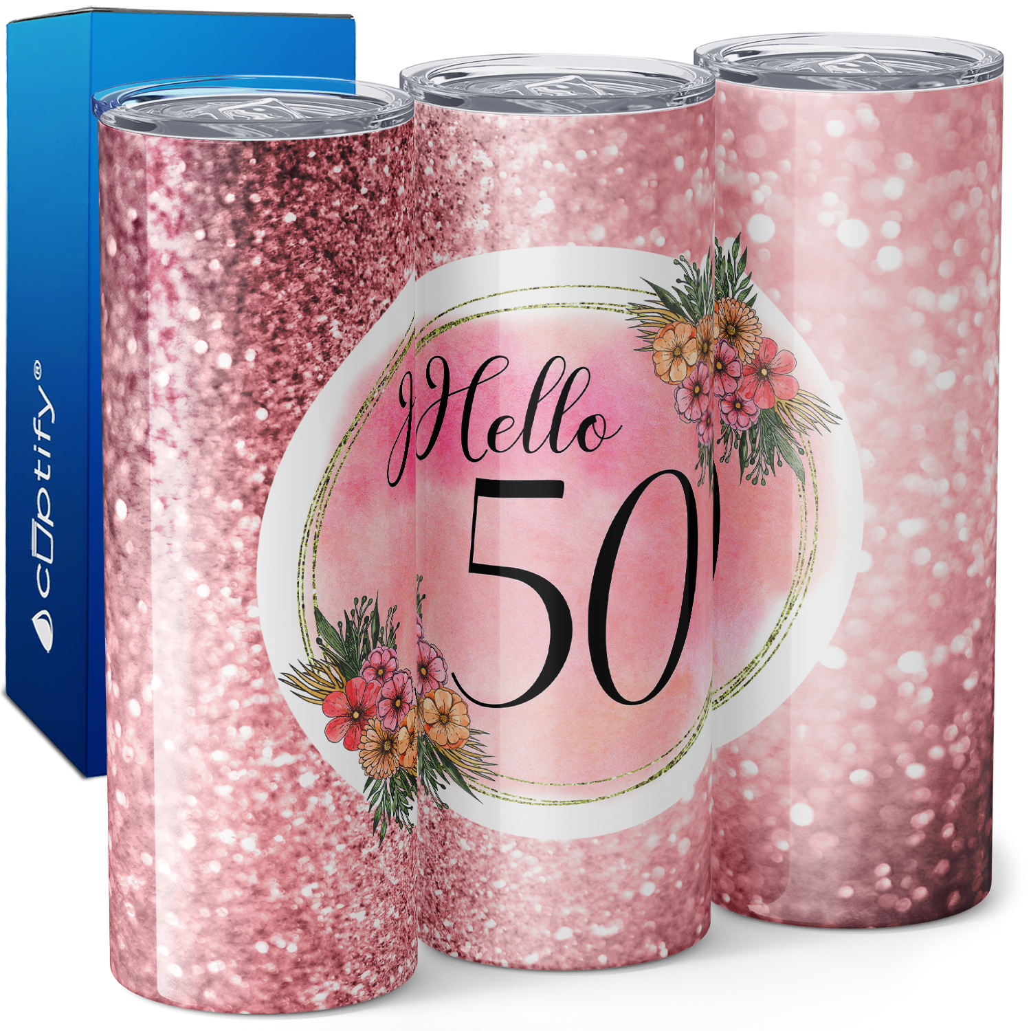 Hello 50 on Rose Glitter 20oz Skinny Tumbler