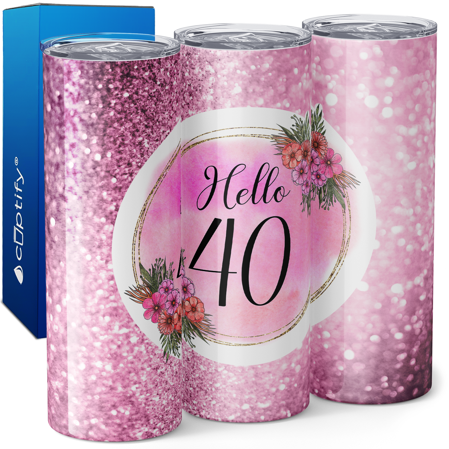 Hello 40 on Pink Glitter 20oz Skinny Tumbler