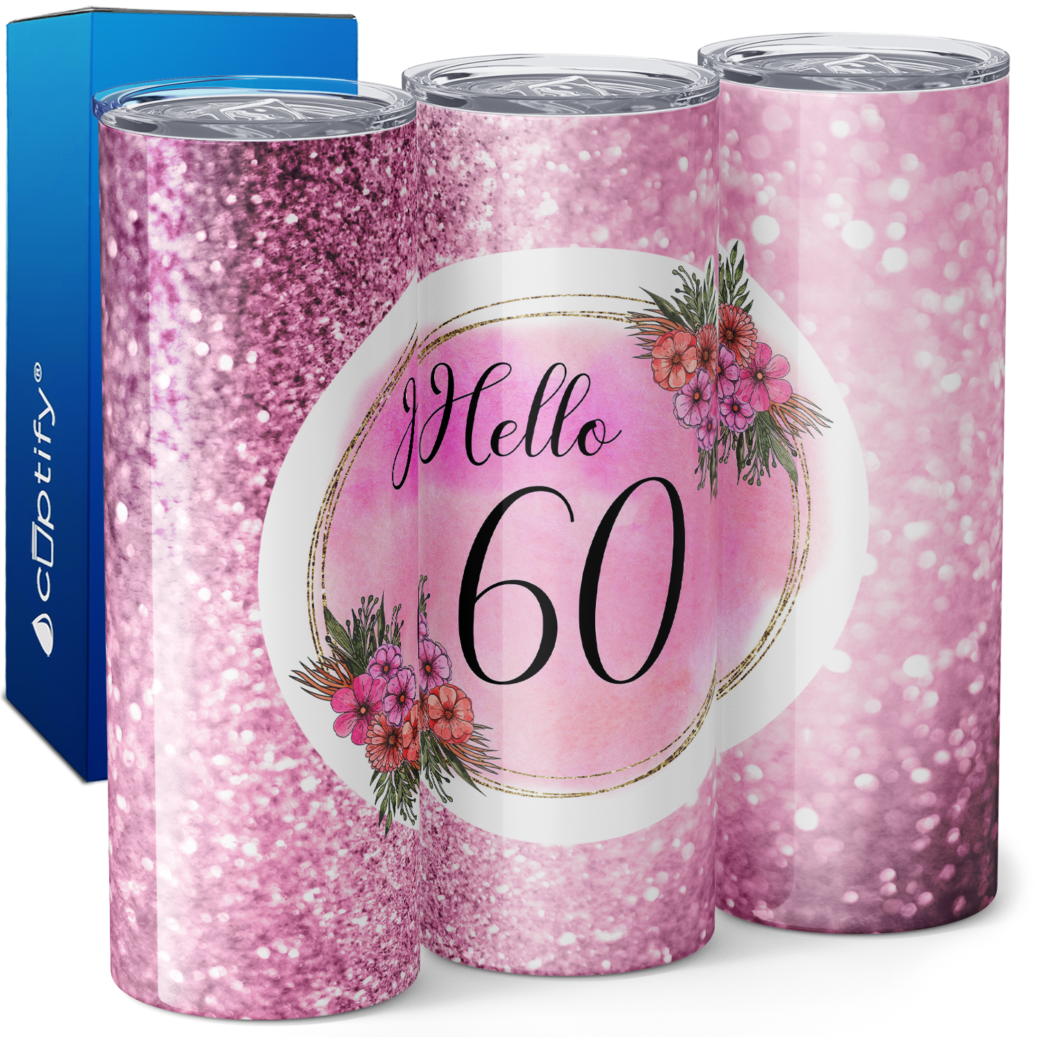 Hello 60 on Pink Glitter 20oz Skinny Tumbler