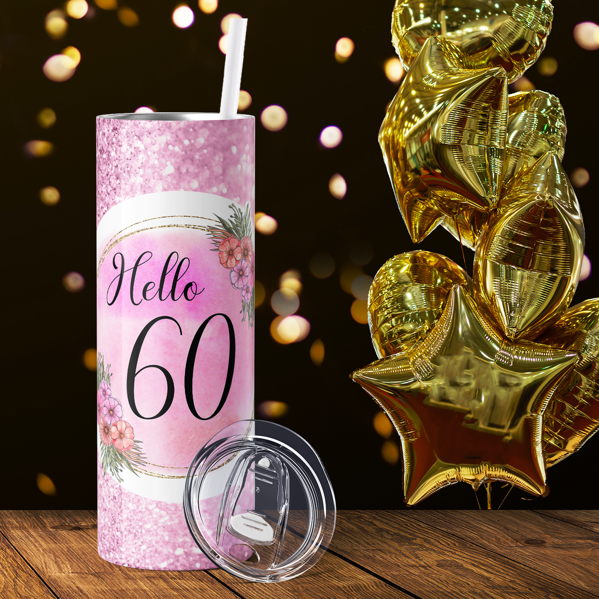 Hello 60 on Pink Glitter 20oz Skinny Tumbler