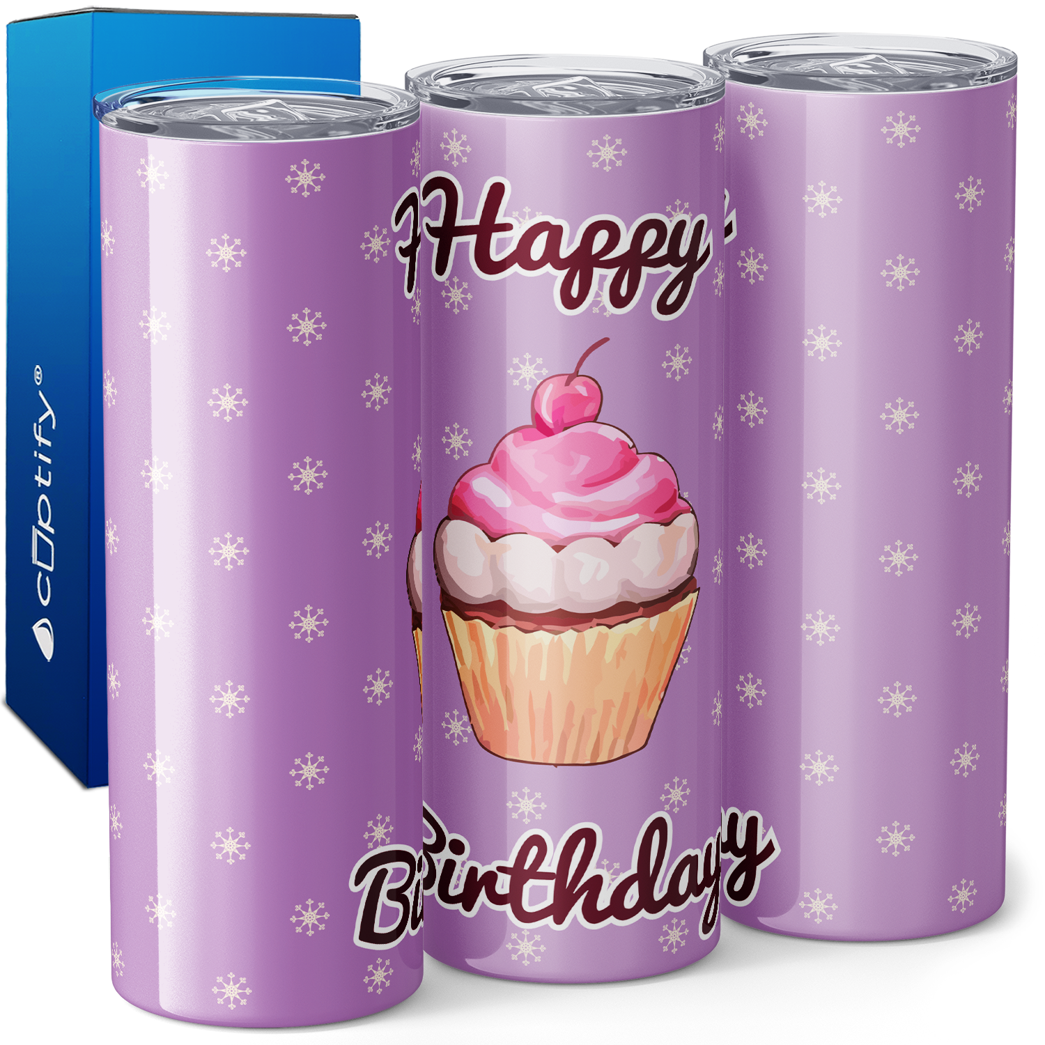 Happy Birthday Cupcake Pastel Purple 20oz Skinny Tumbler