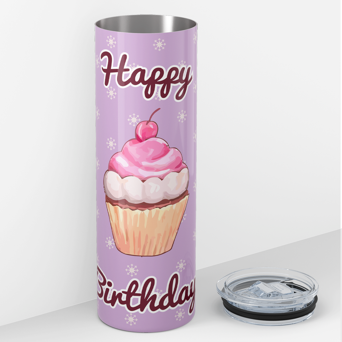 Happy Birthday Cupcake Pastel Purple 20oz Skinny Tumbler