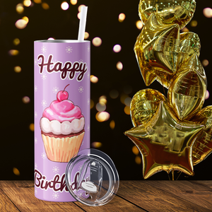 Happy Birthday Cupcake Pastel Purple 20oz Skinny Tumbler