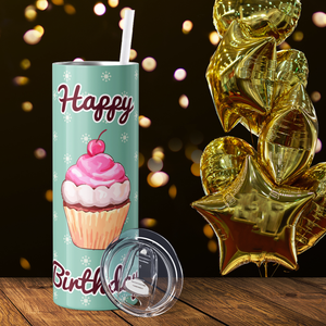 Happy Birthday Cupcake Pastel Green 20oz Skinny Tumbler