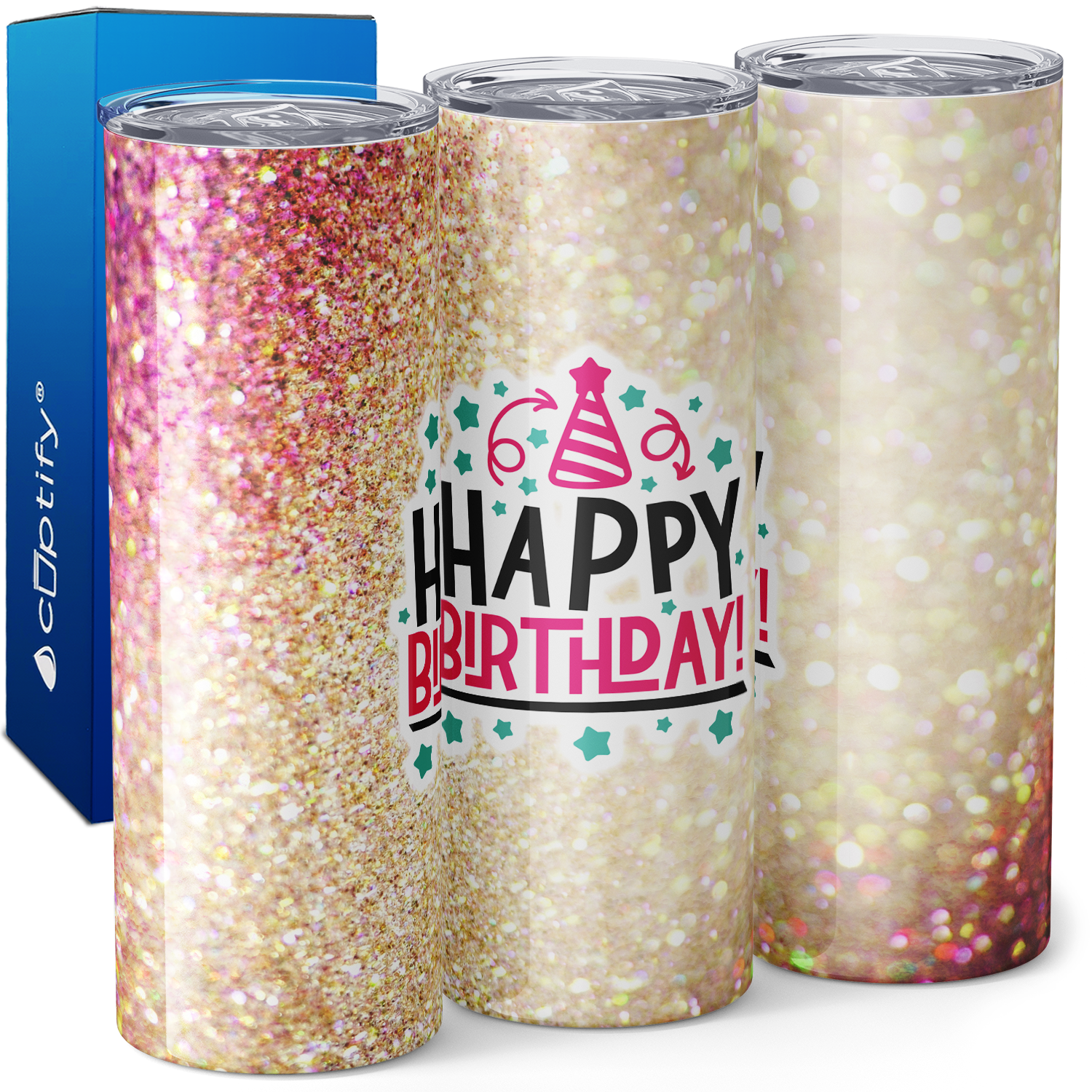 Happy Birthday on Pink Gold Glitter 20oz Skinny Tumbler