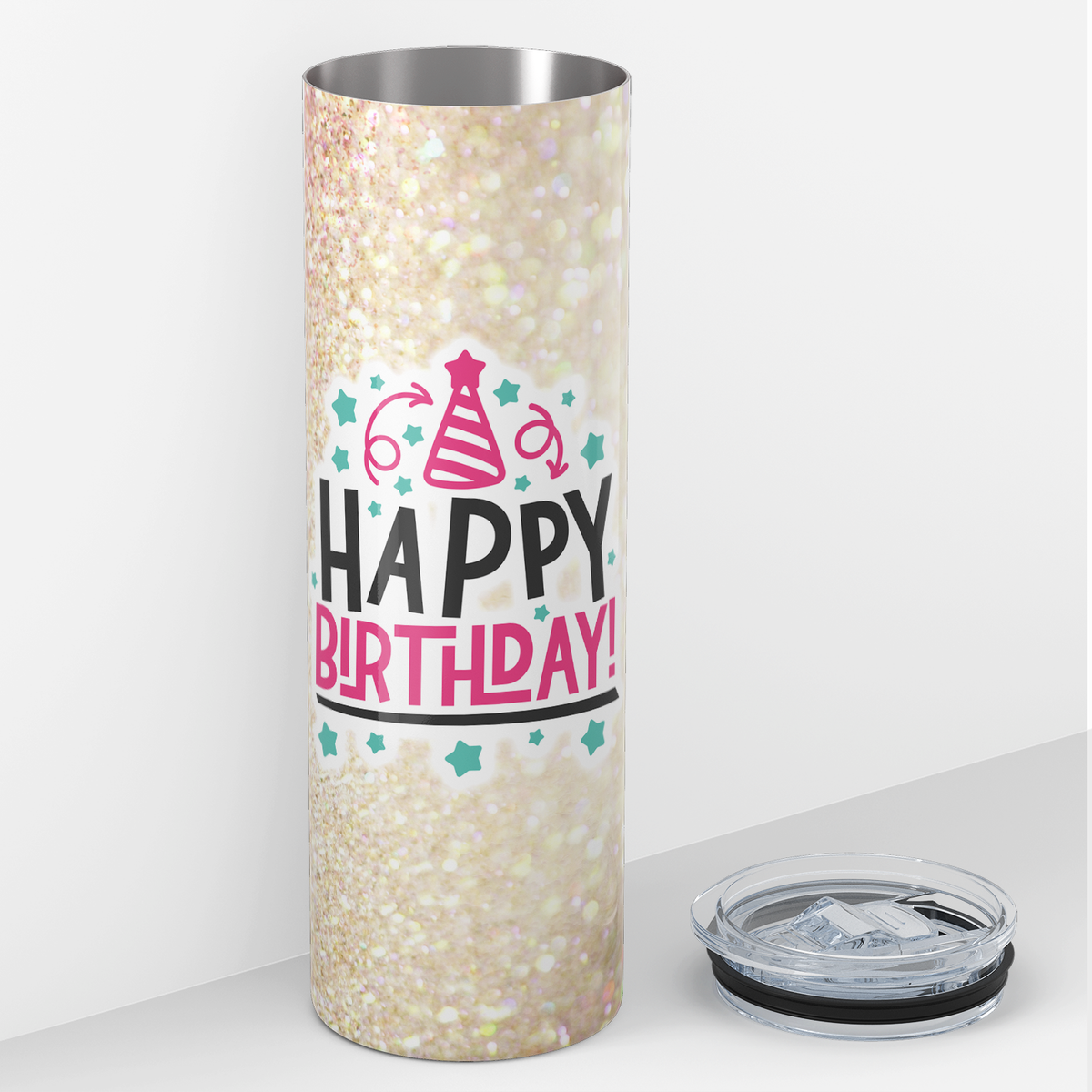 Happy Birthday on Pink Gold Glitter 20oz Skinny Tumbler