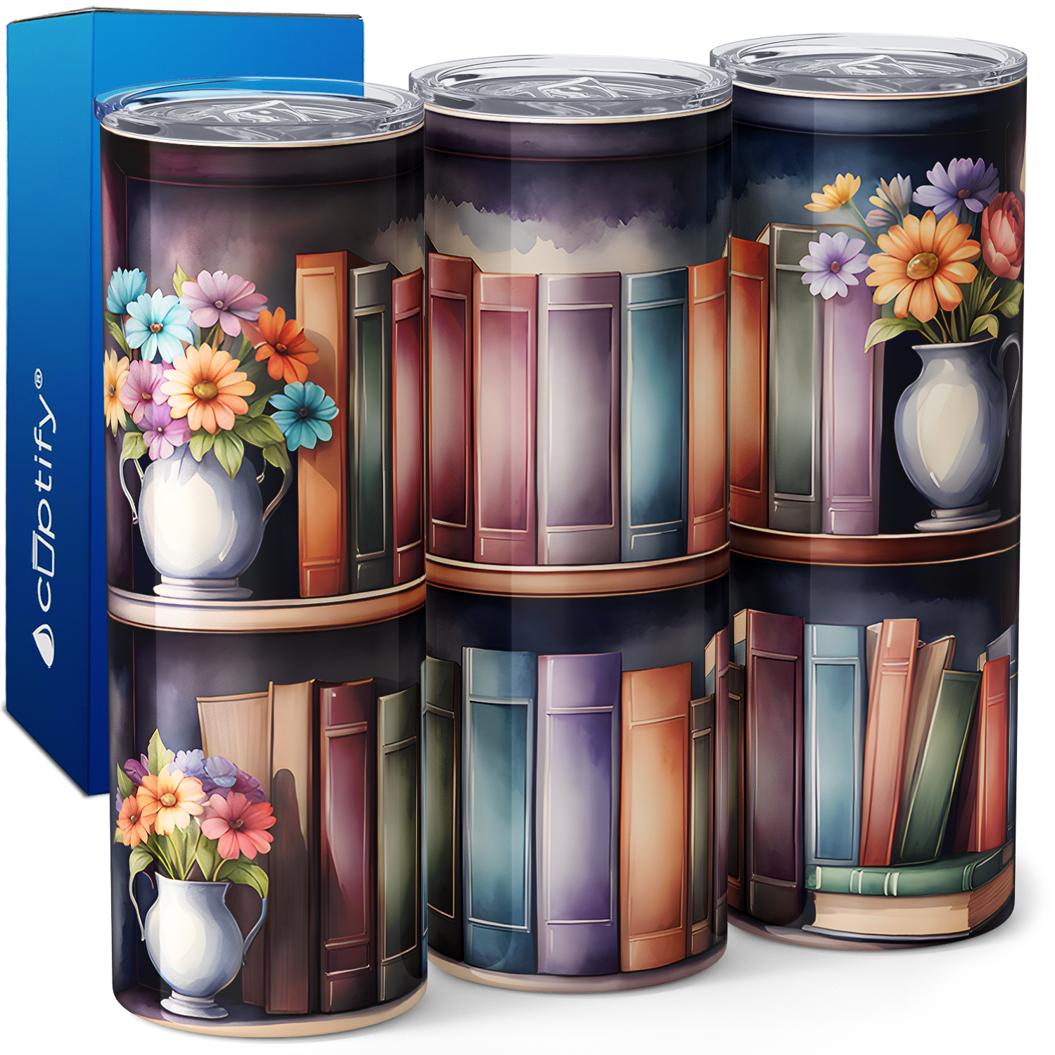 Bookshelves with Flowers in Vase 20oz Skinny Tumbler