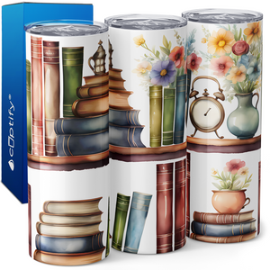 Bookshelf with Flowers and Clock 20oz Skinny Tumbler