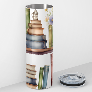 Bookshelf with Flowers and Clock 20oz Skinny Tumbler