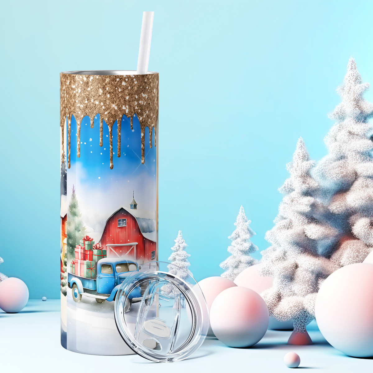 Santa Snowman and Blue Truck 20oz Skinny Tumbler
