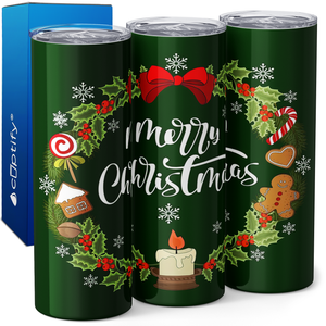 Merry Christmas with Wreath 20oz Skinny Tumbler