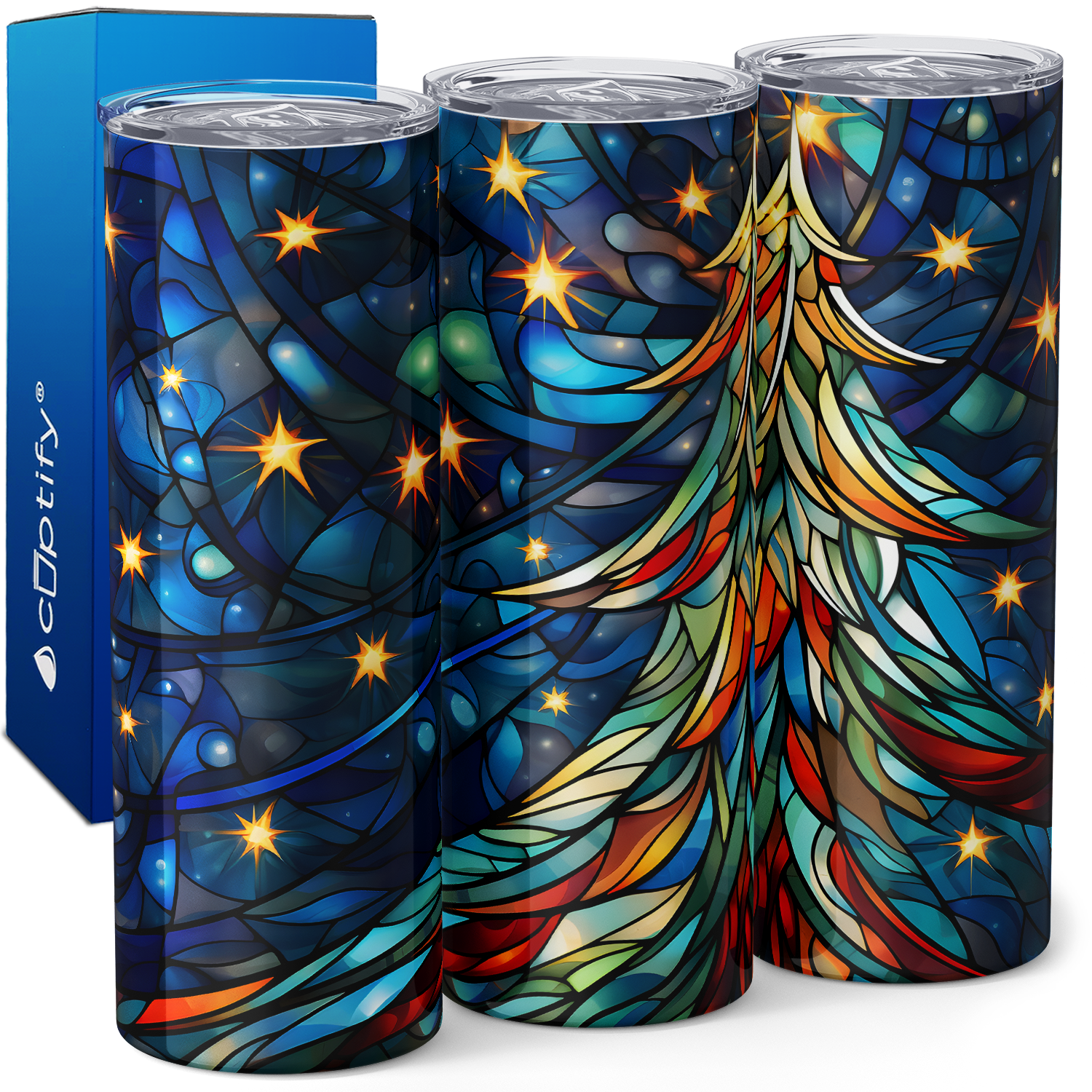 Stained Glass Christmas Tree and Stars on Blue 20oz Skinny Tumbler