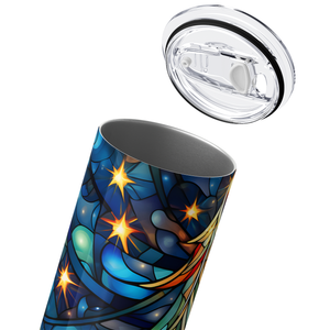 Stained Glass Christmas Tree and Stars on Blue 20oz Skinny Tumbler