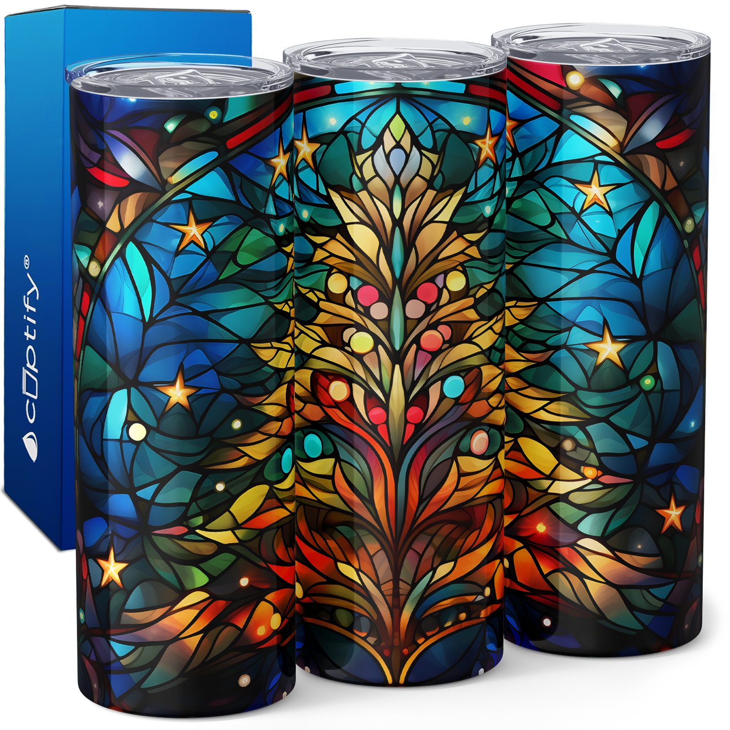 Stained Glass Christmas Tree with Stars 20oz Skinny Tumbler