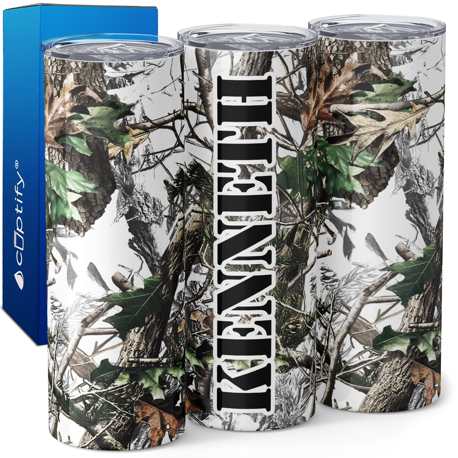 Personalized White Winter Camo Tree Pattern 20oz Skinny Tumbler