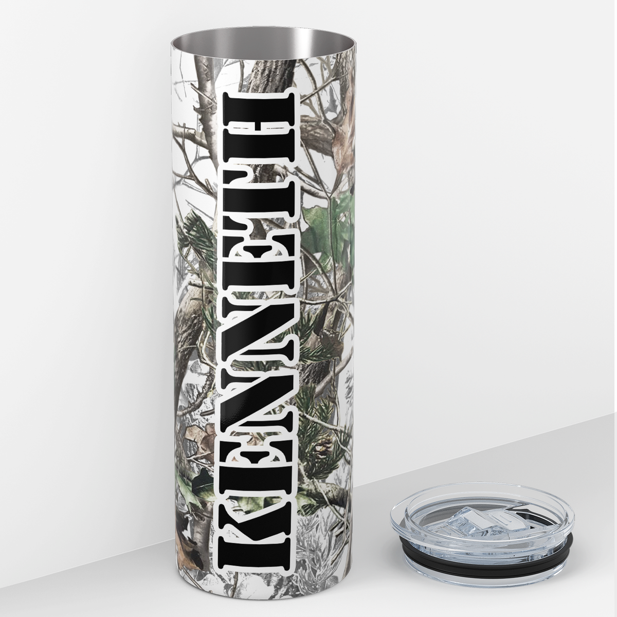 Personalized White Winter Camo Tree Pattern 20oz Skinny Tumbler