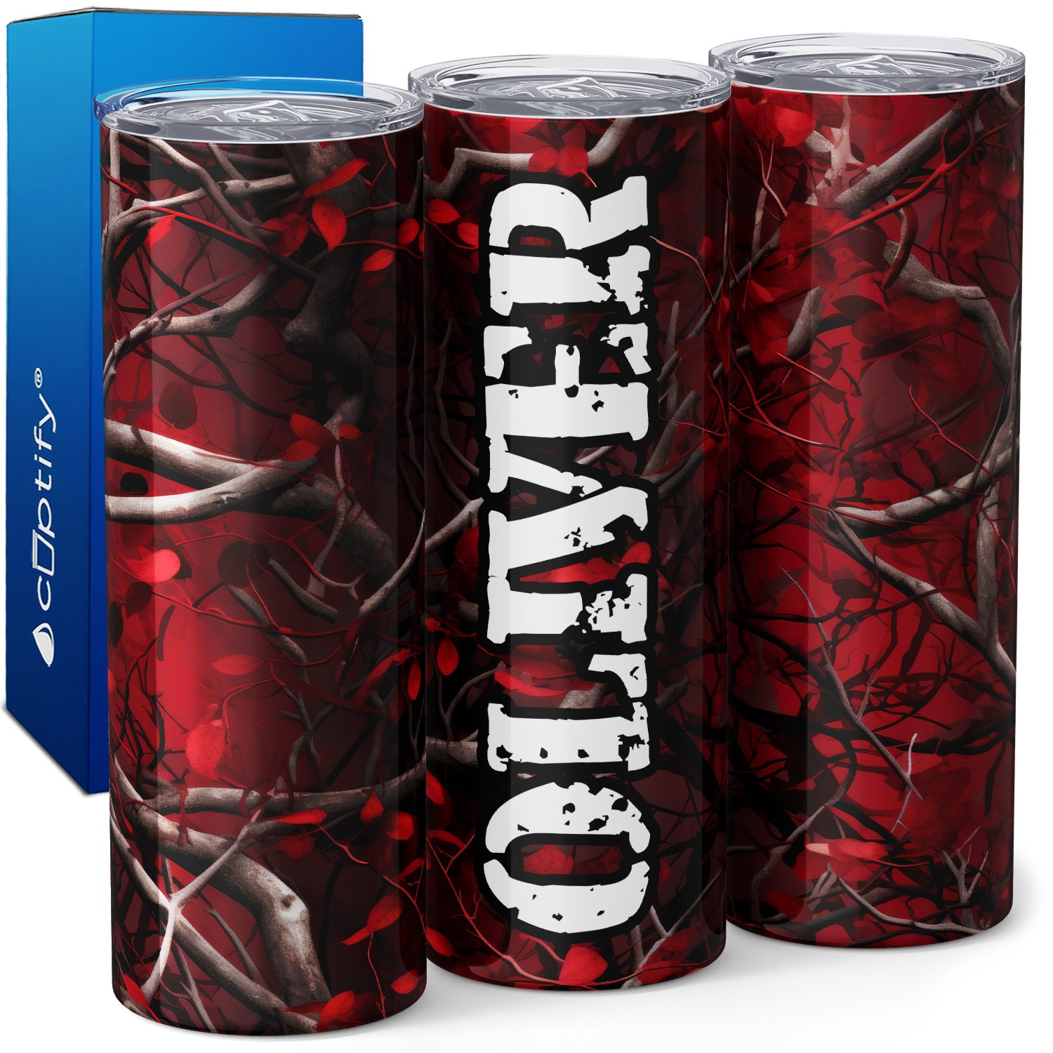 Personalized Red Camo Tree Pattern 20oz Skinny Tumbler