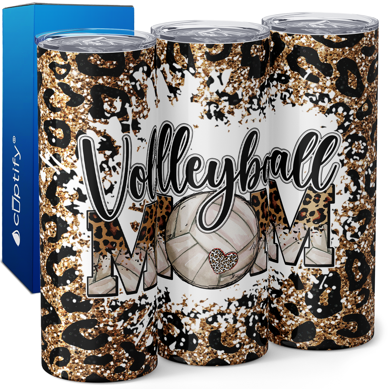Mom Volleyball Leopard Print Glitter 20oz Skinny Tumbler