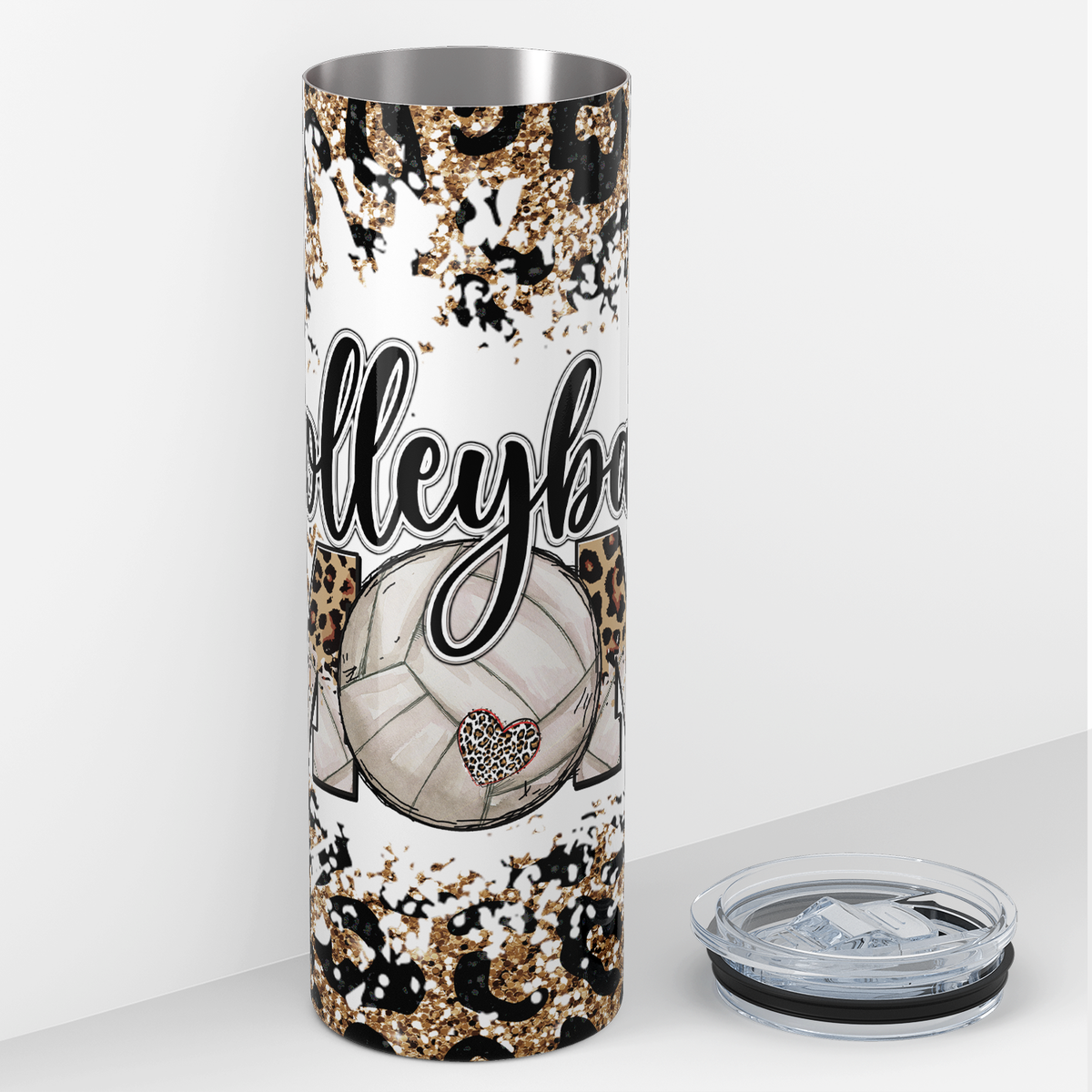 Mom Volleyball Leopard Print Glitter 20oz Skinny Tumbler