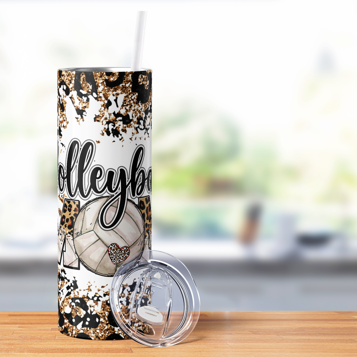Mom Volleyball Leopard Print Glitter 20oz Skinny Tumbler