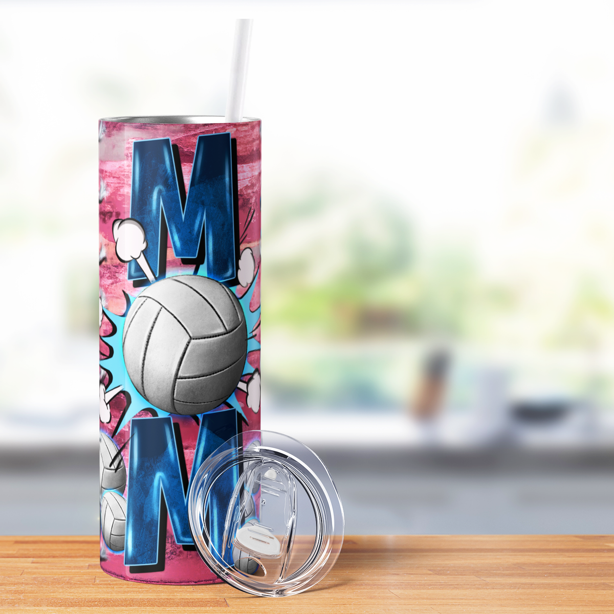 Mom Volleyball Break thru Net on Pink 20oz Skinny Tumbler