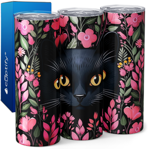 Black Cat Pink Flowers 20oz Skinny Tumbler