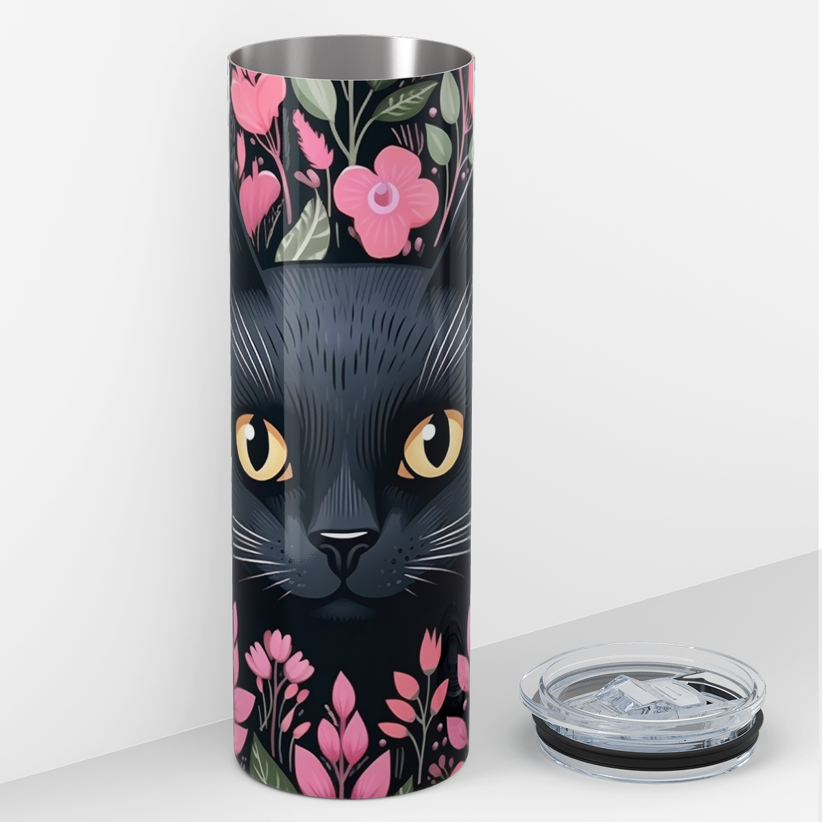 Black Cat Pink Flowers 20oz Skinny Tumbler