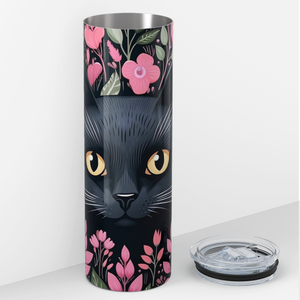 Black Cat Pink Flowers 20oz Skinny Tumbler