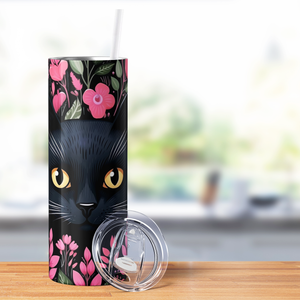 Black Cat Pink Flowers 20oz Skinny Tumbler