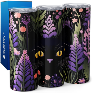 Black Cat Purple Flowers 20oz Skinny Tumbler