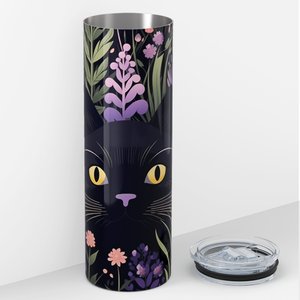 Black Cat Purple Flowers 20oz Skinny Tumbler