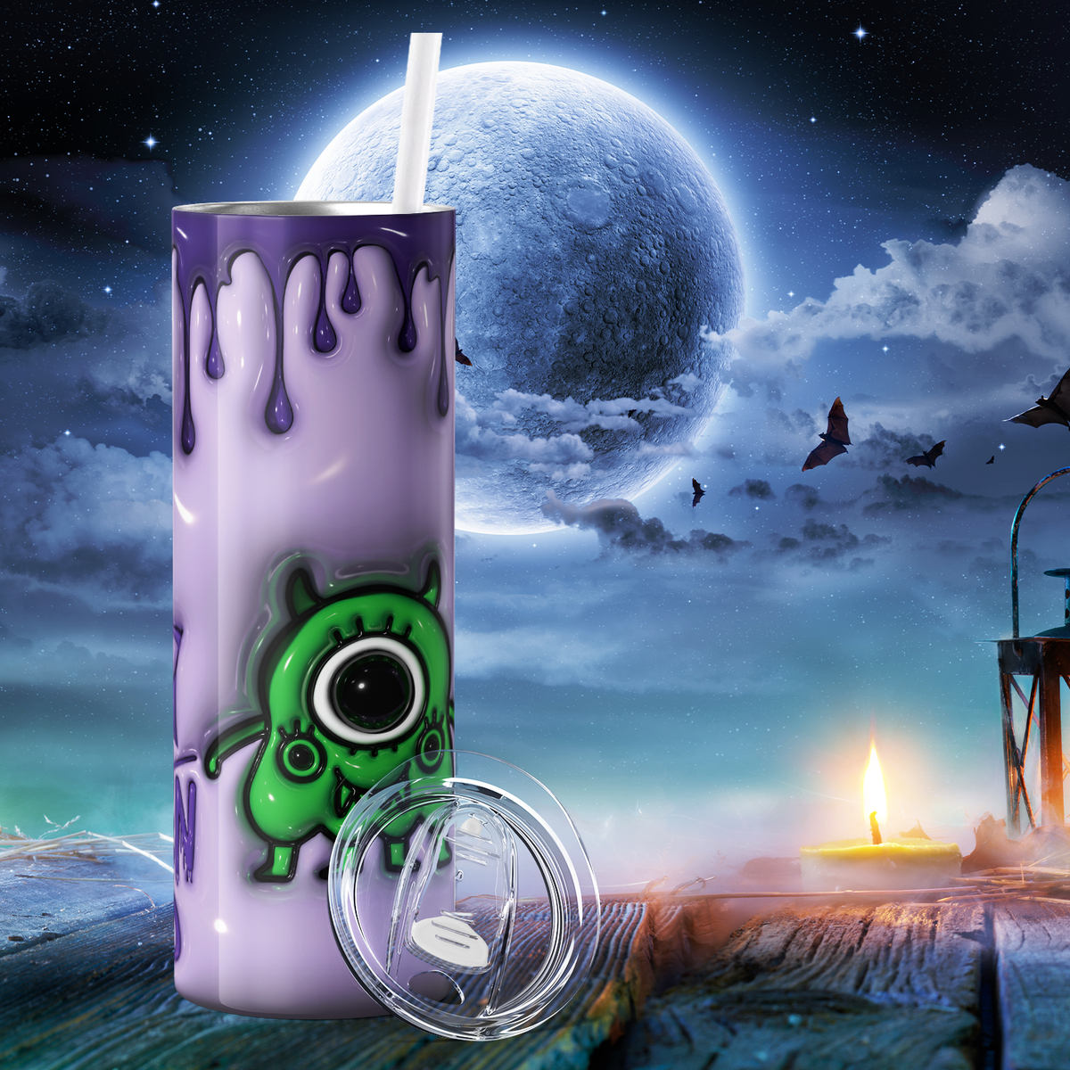 Halloween with Monster on Purple Inflated Balloon 20oz Skinny Tumbler