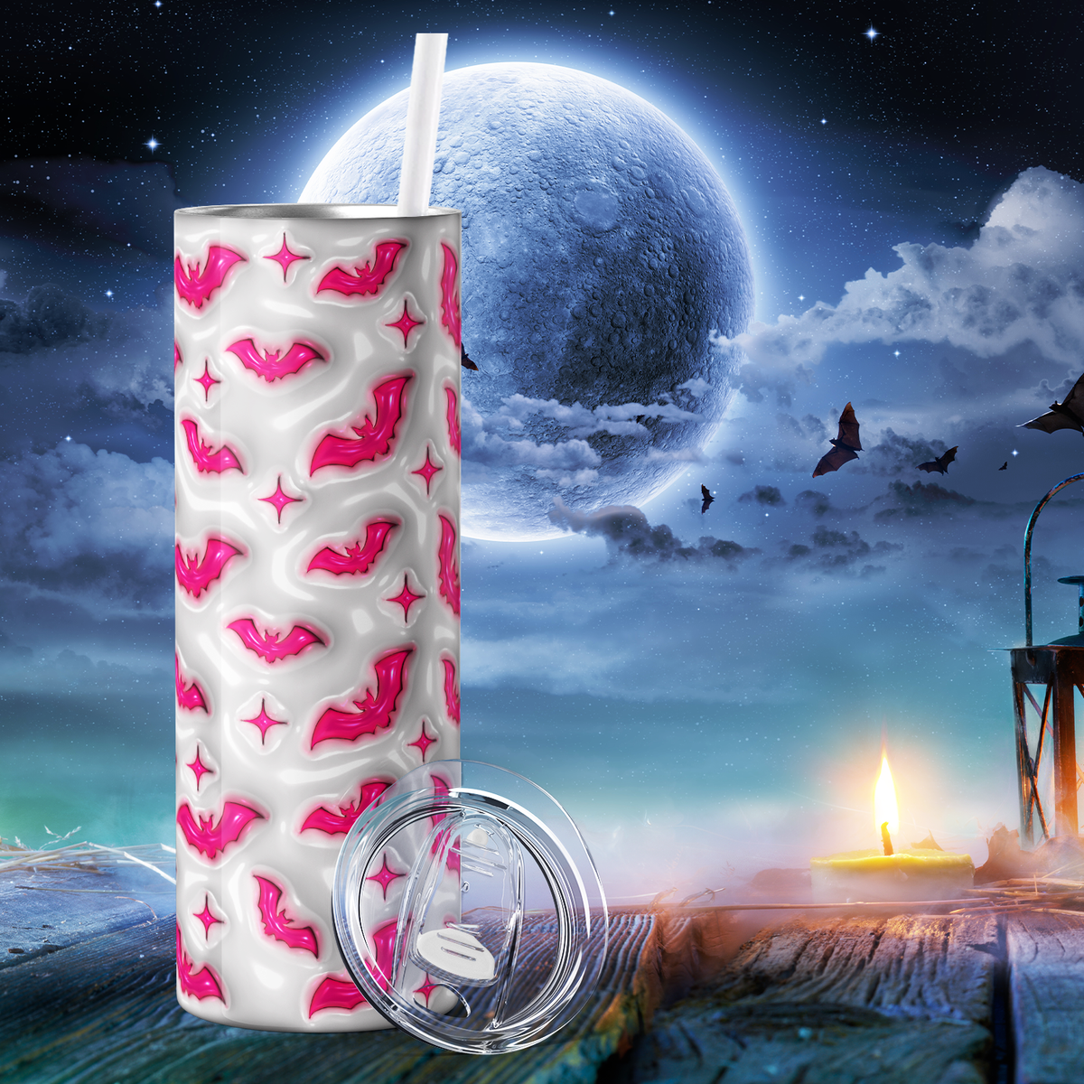 Bats Pink on White Inflated Balloon 20oz Skinny Tumbler