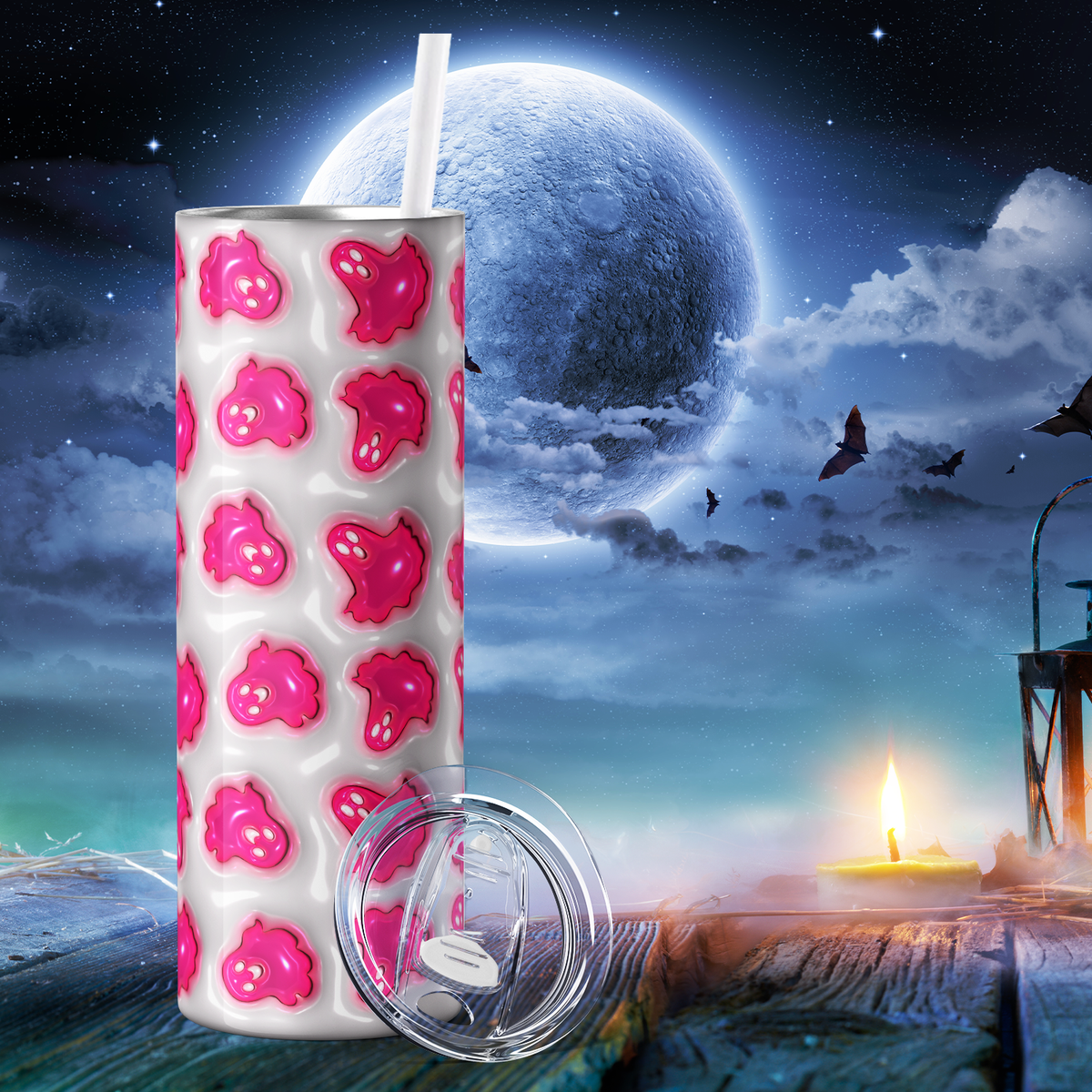 Ghosts Pink on White Inflated Balloon 20oz Skinny Tumbler