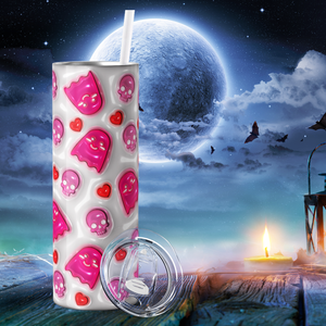Ghosts and Skulls on White Inflated Balloon 20oz Skinny Tumbler