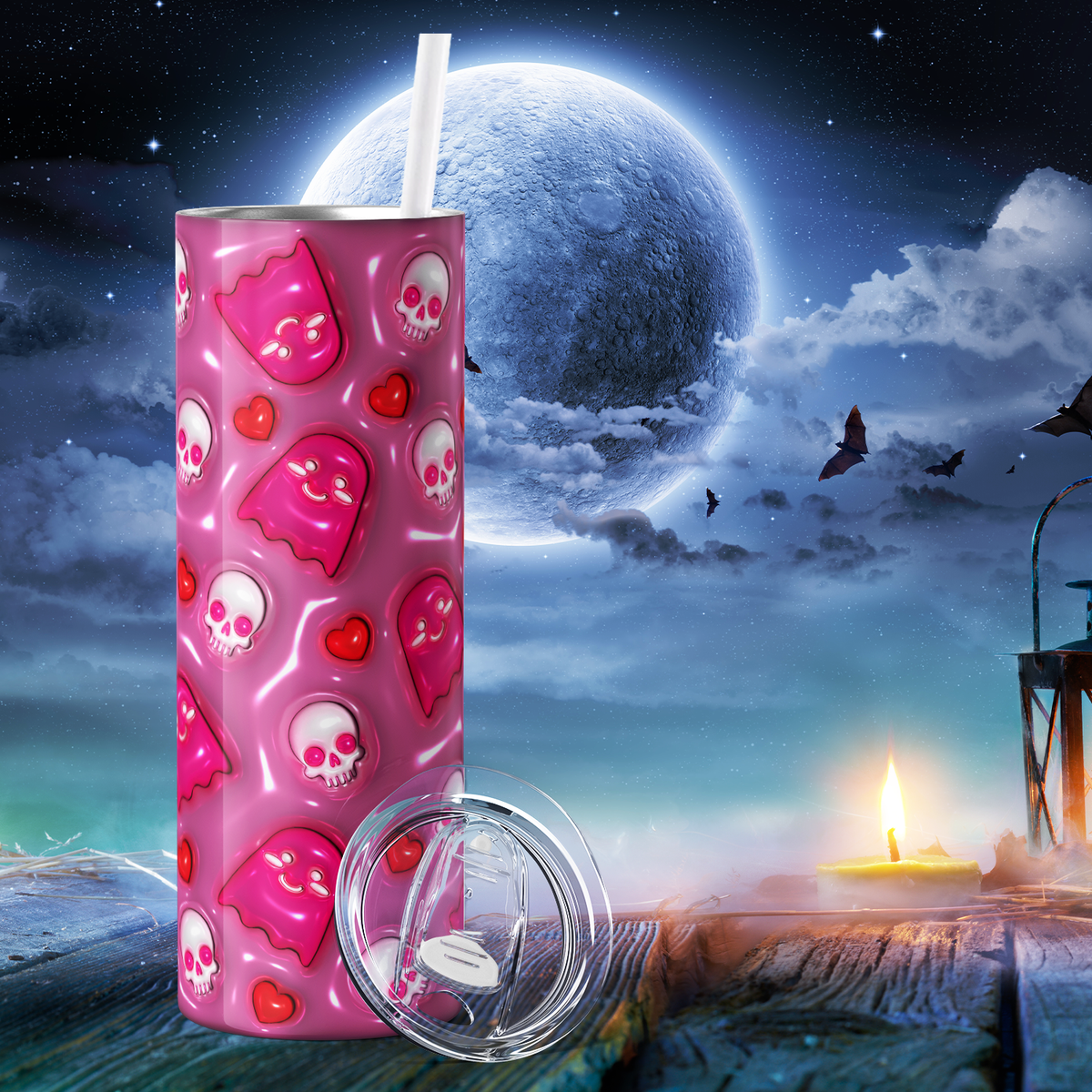 Ghosts and Skulls on Pink Inflated Balloon 20oz Skinny Tumbler