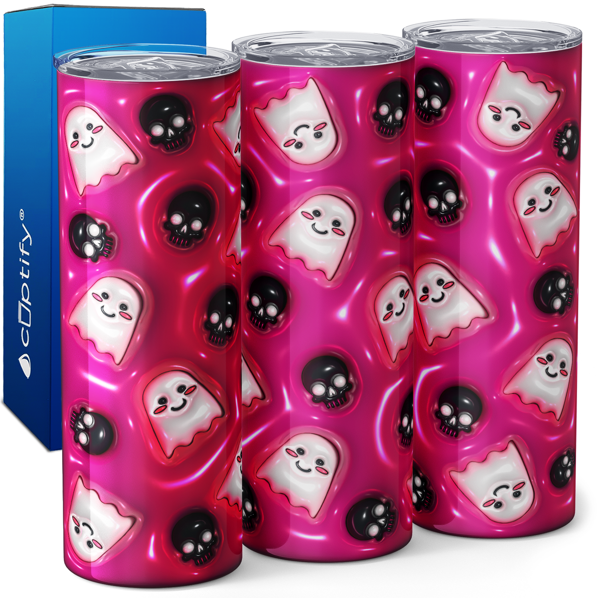 Ghosts and Black Skulls on Pink Inflated Balloon 20oz Skinny Tumbler