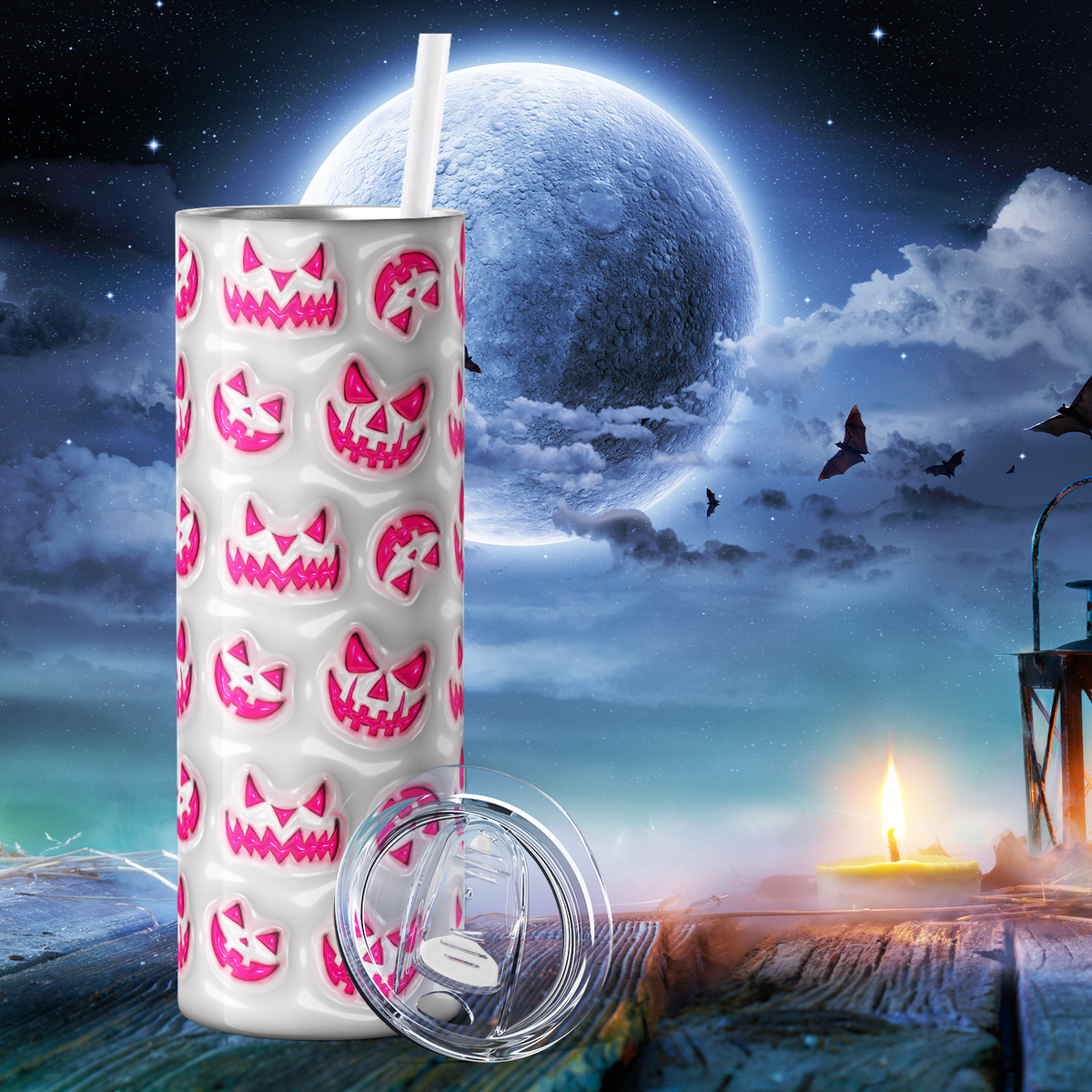 Jack-o-Lantern Faces Pink on White Inflated Balloon 20oz Skinny Tumbler