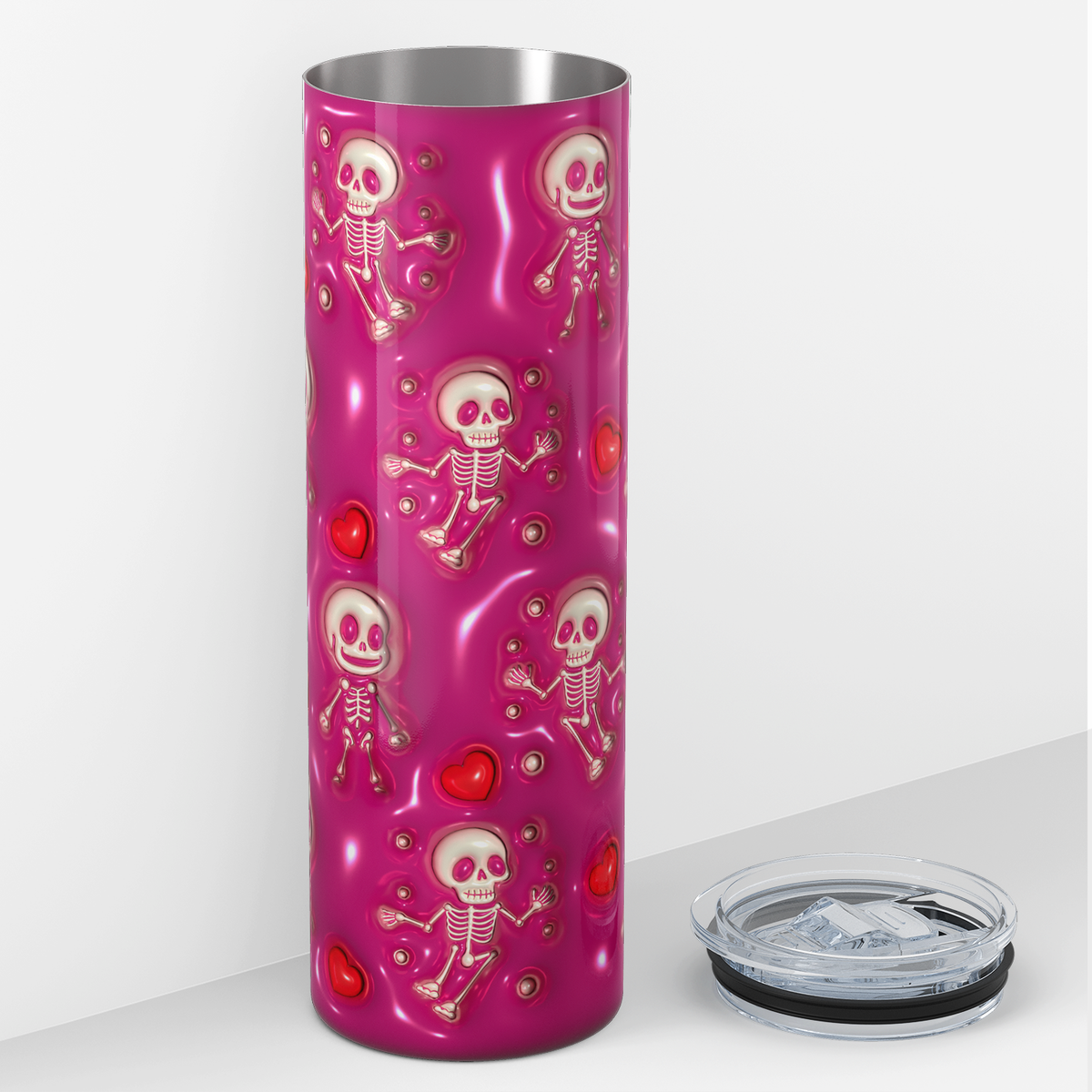Skeletons White on Pink Inflated Balloon 20oz Skinny Tumbler