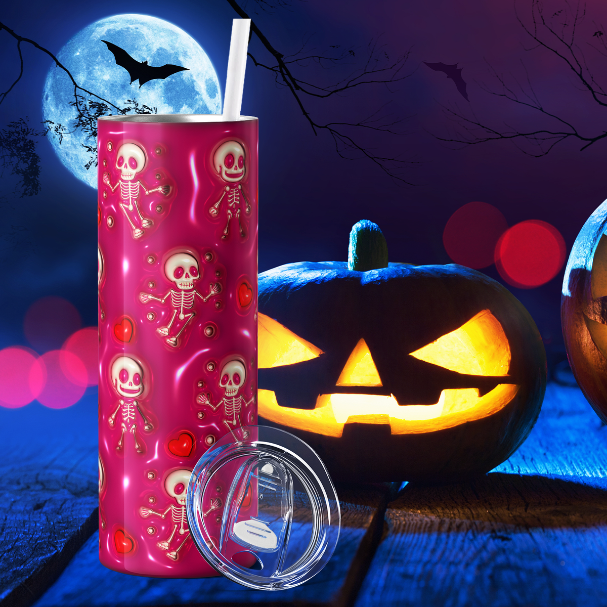 Skeletons White on Pink Inflated Balloon 20oz Skinny Tumbler
