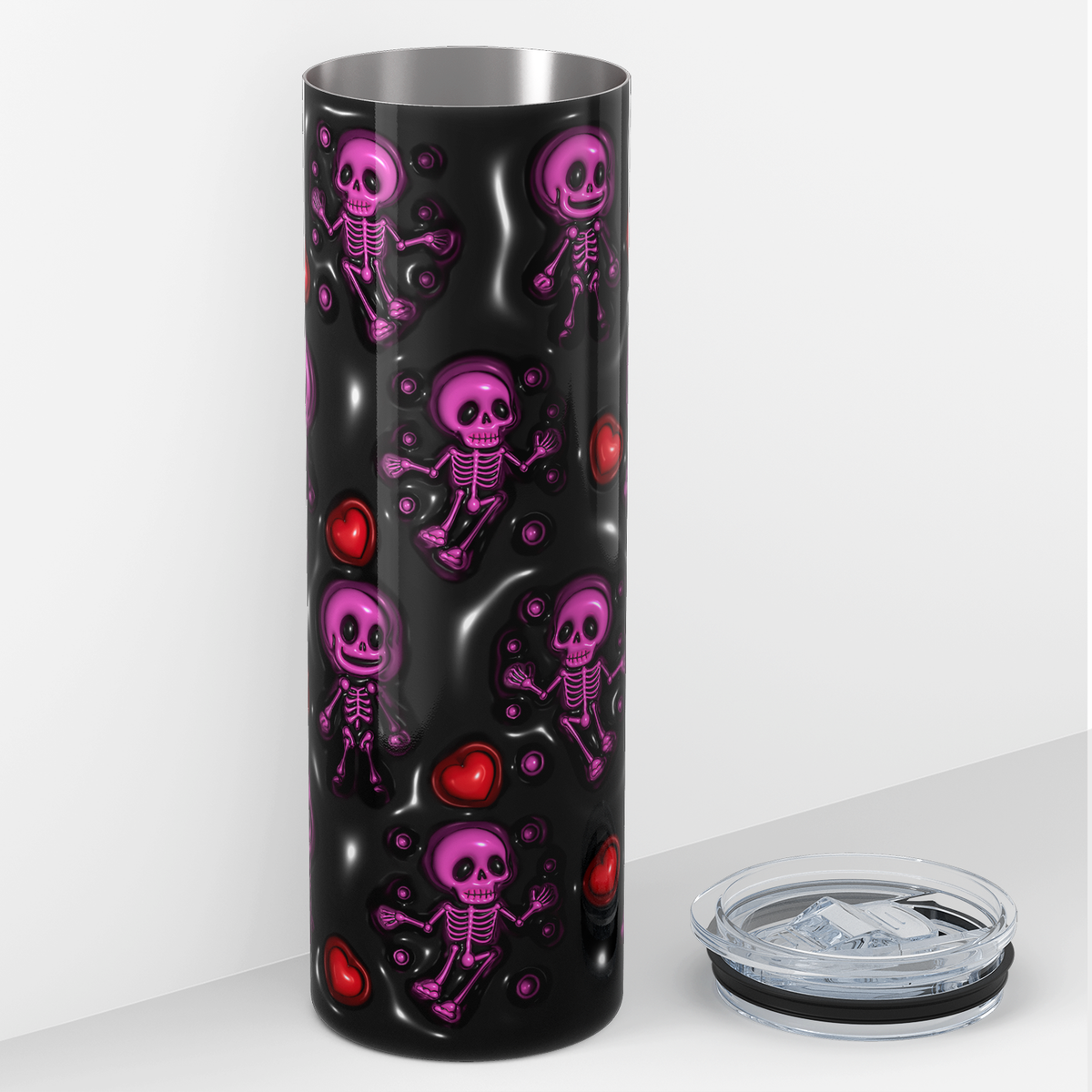 Skeletons Purple on Black Inflated Balloon 20oz Skinny Tumbler