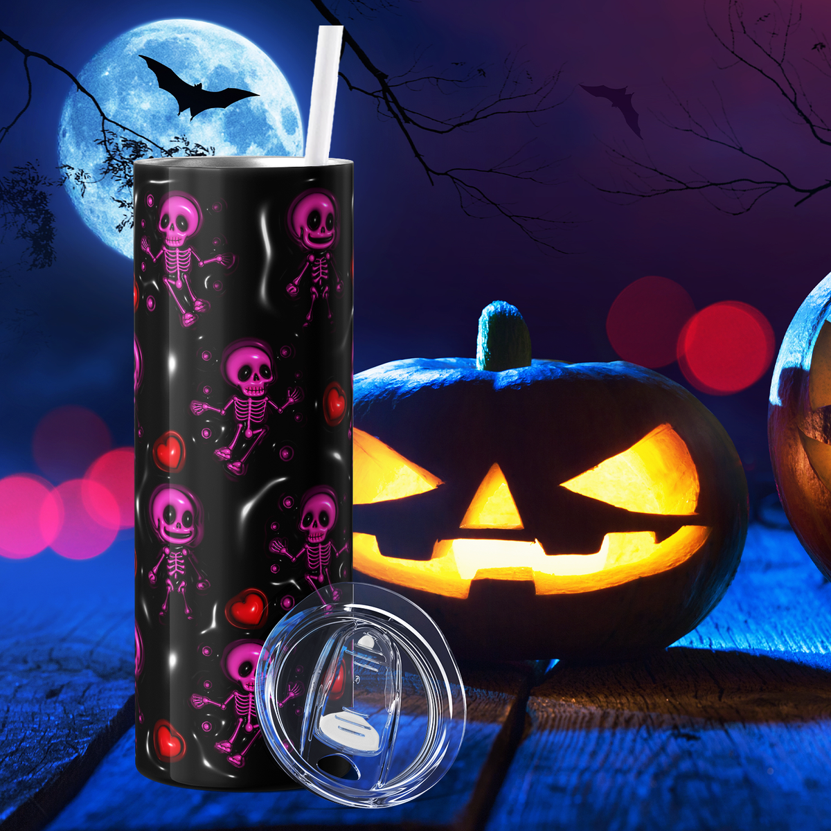 Skeletons Purple on Black Inflated Balloon 20oz Skinny Tumbler
