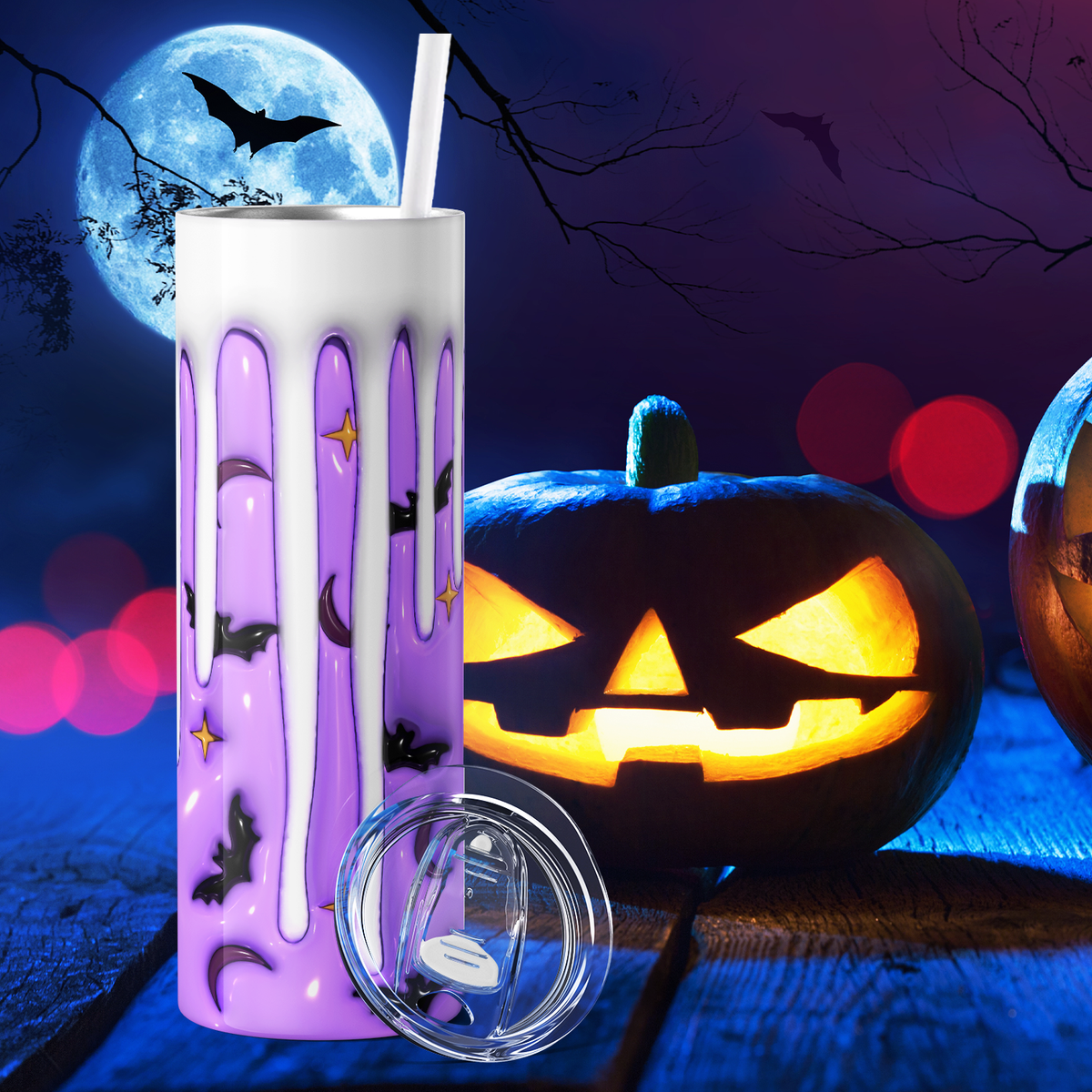 Bats on Purple with Drips Inflated Balloon 20oz Skinny Tumbler