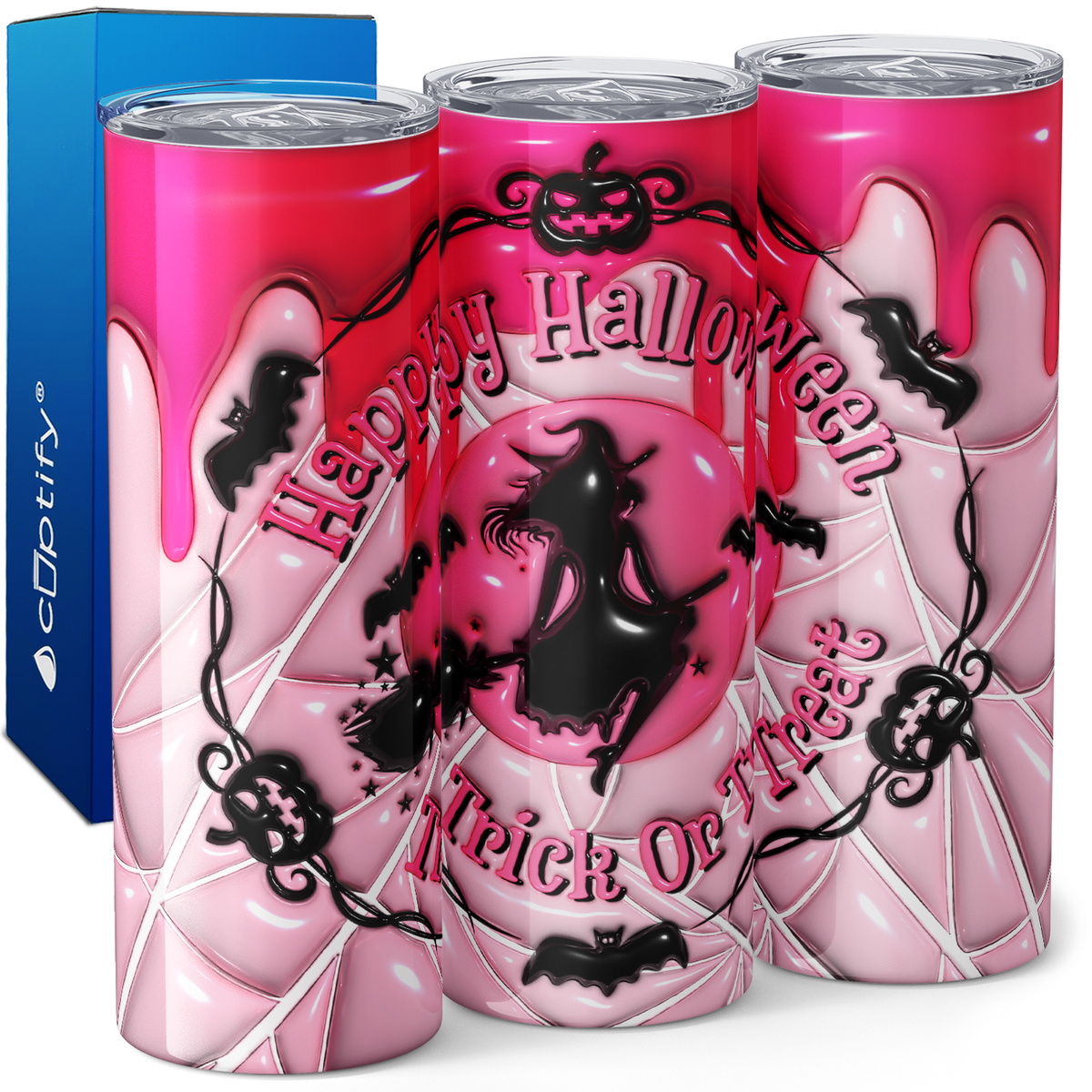 Happy Halloween Trick or Treat Witch on Pink Inflated Balloon 20oz Skinny Tumbler
