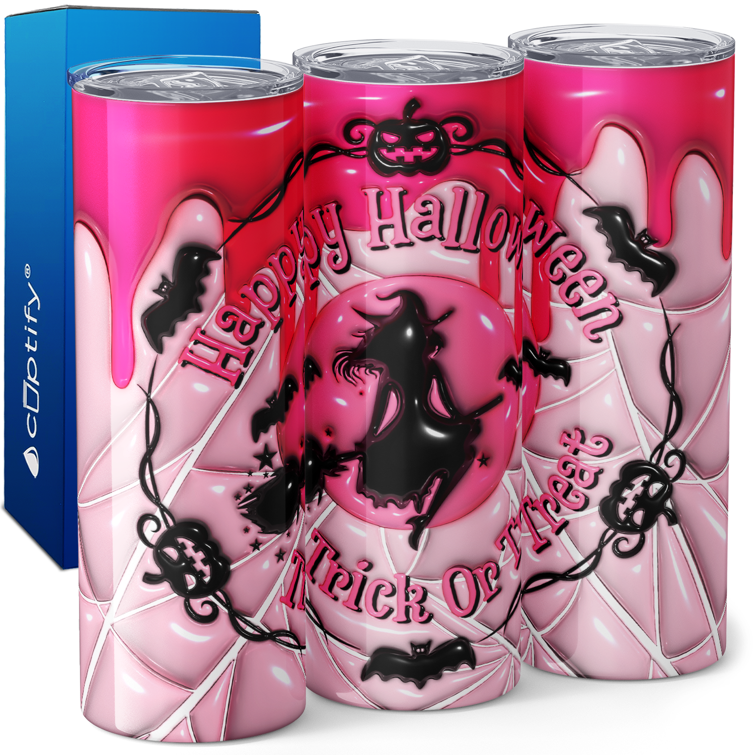 Happy Halloween Trick or Treat Witch on Pink Inflated Balloon 20oz Skinny Tumbler