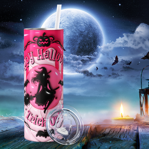 Happy Halloween Trick or Treat Witch on Pink Inflated Balloon 20oz Skinny Tumbler