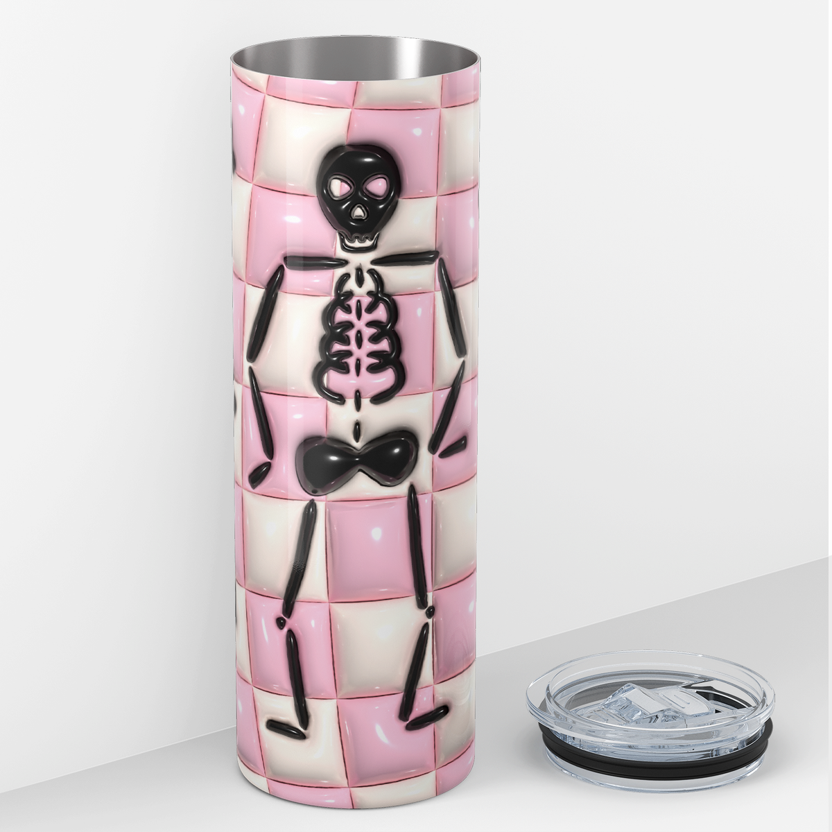 Skeleton on Pink Disco Ball Inflated Balloon 20oz Skinny Tumbler